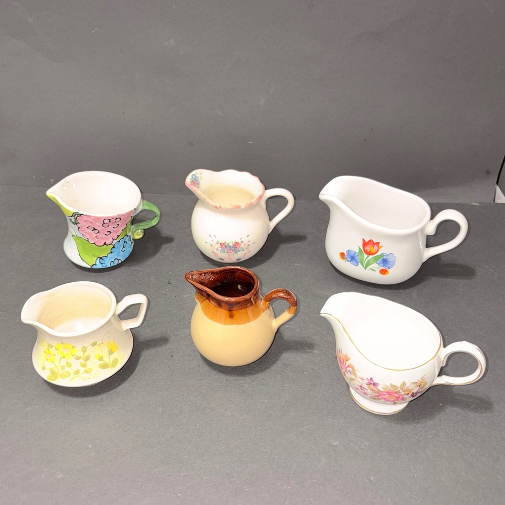 Vtg Assorted Creamer Mini Pitcher Lot Floral Stoneware Ceramic 6 Pc Collection